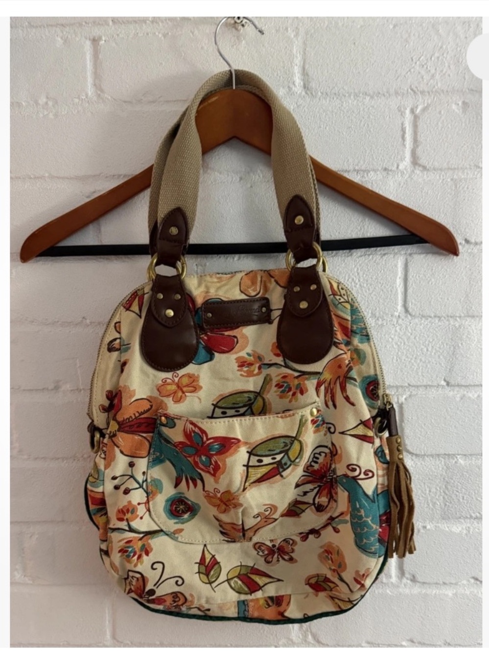 Lucky Brand Cream Canvas Floral Shoulder Bag with Brown Trim